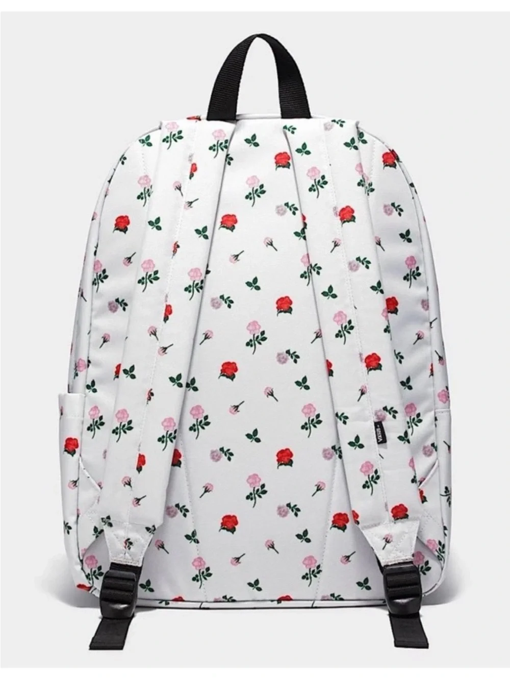 Vans White Floral Backpack with Red and Pink Roses